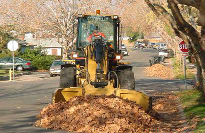 A 'tink' machine scoops into a large pile of leaves on the side of a roadway.